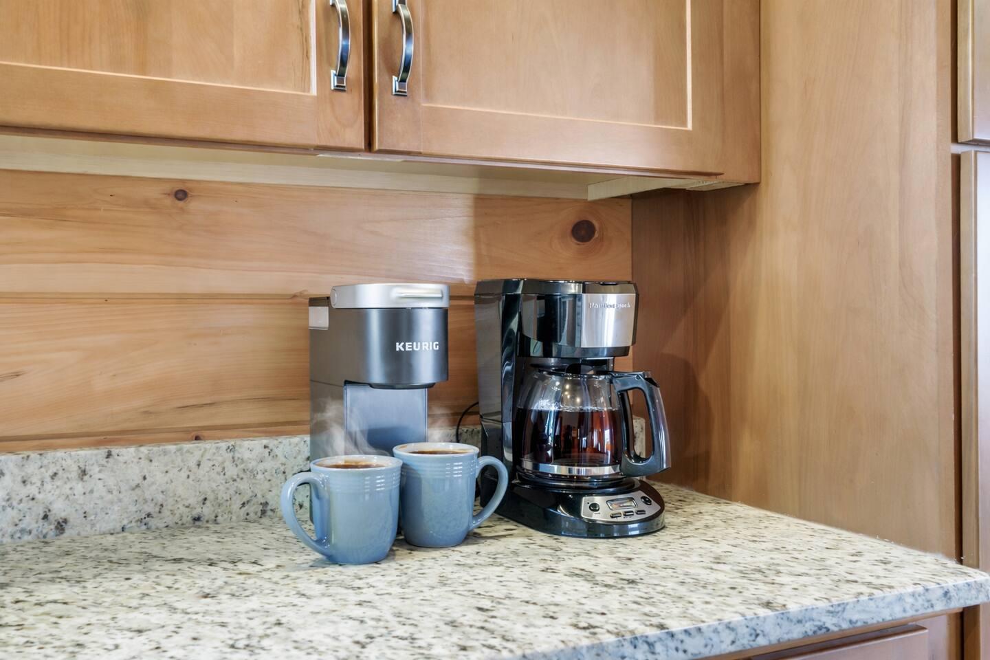 Start your mornings right with a fresh cup of coffee at our fully stocked beverage station.